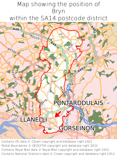 Map showing location of Bryn within SA14