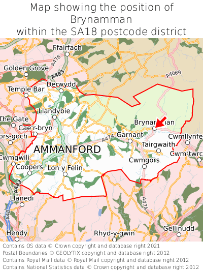 Map showing location of Brynamman within SA18