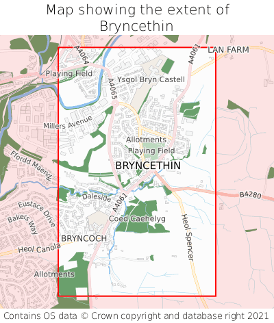 Map showing extent of Bryncethin as bounding box