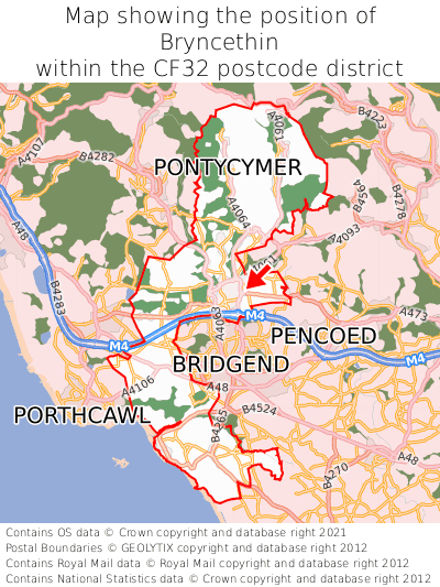 Map showing location of Bryncethin within CF32