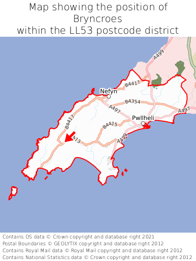 Map showing location of Bryncroes within LL53