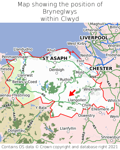 Map showing location of Bryneglwys within Clwyd