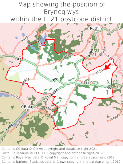 Map showing location of Bryneglwys within LL21