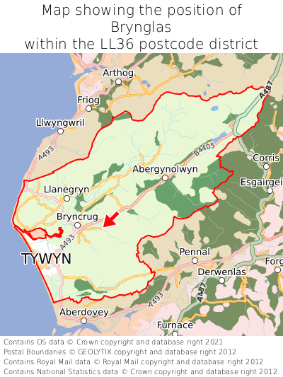 Map showing location of Brynglas within LL36