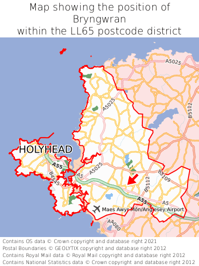 Map showing location of Bryngwran within LL65