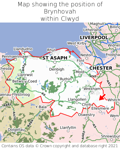 Map showing location of Brynhovah within Clwyd