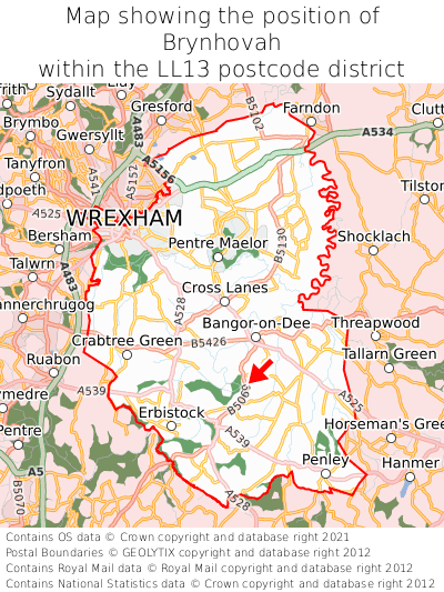 Map showing location of Brynhovah within LL13