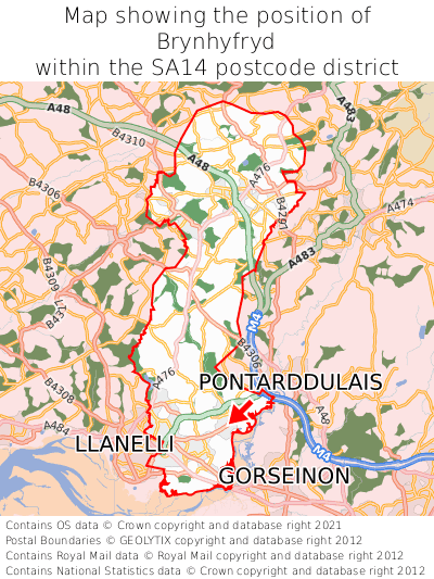 Map showing location of Brynhyfryd within SA14