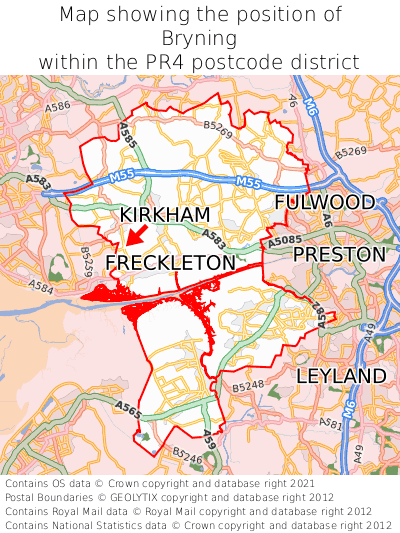 Map showing location of Bryning within PR4