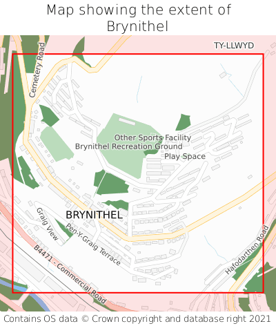 Map showing extent of Brynithel as bounding box