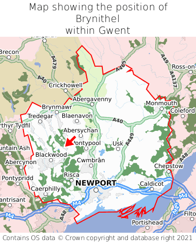 Map showing location of Brynithel within Gwent
