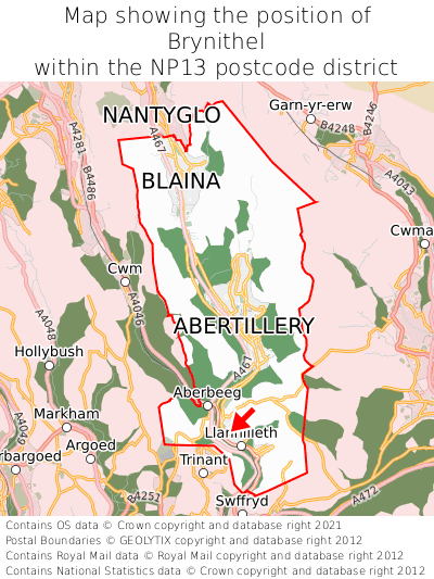 Map showing location of Brynithel within NP13