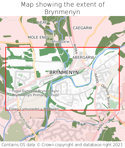 Map showing extent of Brynmenyn as bounding box