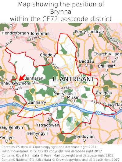 Map showing location of Brynna within CF72