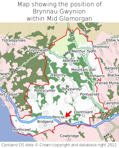 Map showing location of Brynnau Gwynion within Mid Glamorgan