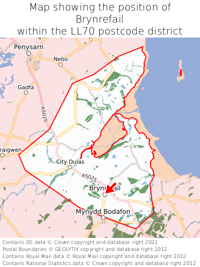Map showing location of Brynrefail within LL70