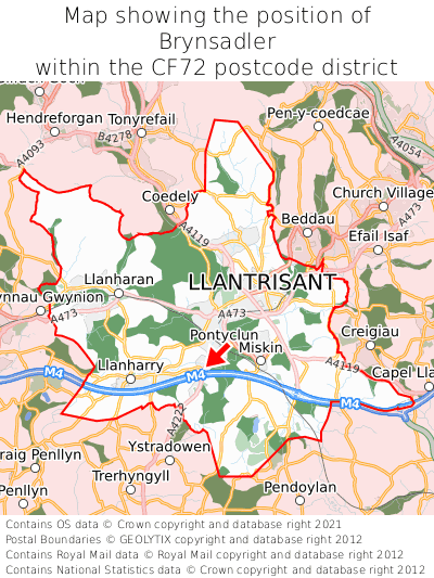 Map showing location of Brynsadler within CF72
