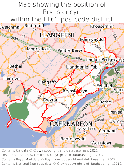 Map showing location of Brynsiencyn within LL61