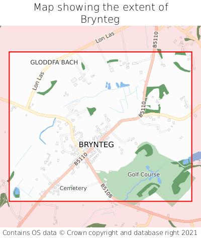 Map showing extent of Brynteg as bounding box