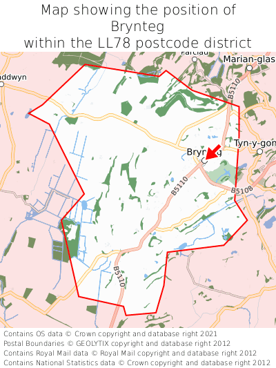 Map showing location of Brynteg within LL78