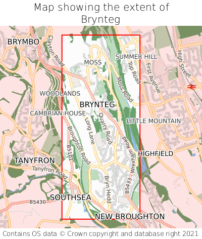 Map showing extent of Brynteg as bounding box