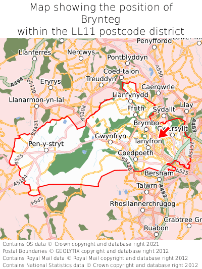 Map showing location of Brynteg within LL11