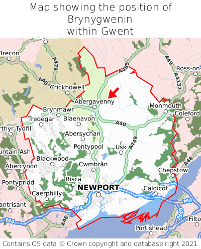Map showing location of Brynygwenin within Gwent