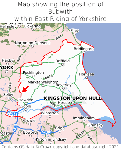 Map showing location of Bubwith within East Riding of Yorkshire