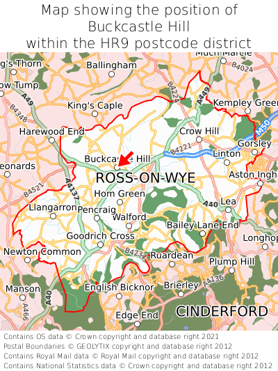Map showing location of Buckcastle Hill within HR9