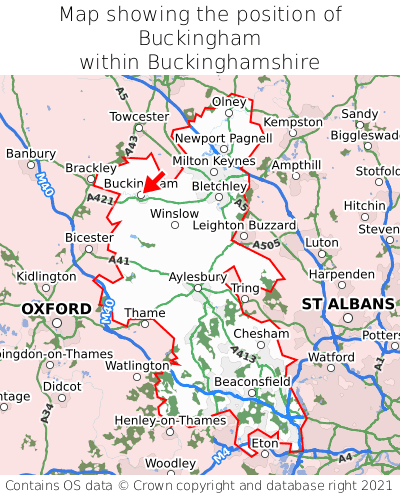 Map showing location of Buckingham within Buckinghamshire