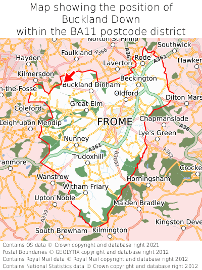 Map showing location of Buckland Down within BA11