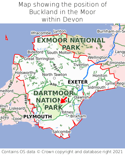 Map showing location of Buckland in the Moor within Devon