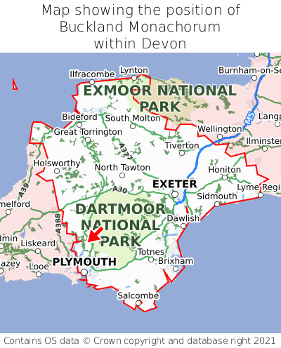 Map showing location of Buckland Monachorum within Devon