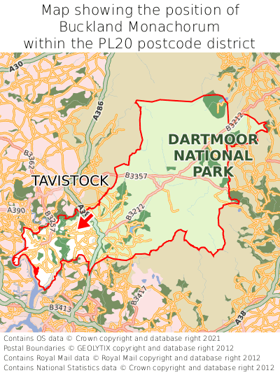 Map showing location of Buckland Monachorum within PL20