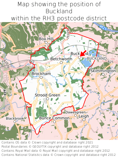 Map showing location of Buckland within RH3