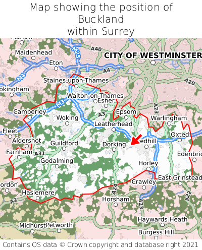 Map showing location of Buckland within Surrey