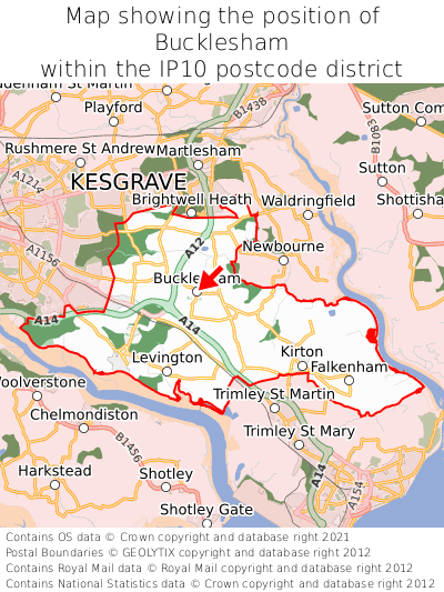 Map showing location of Bucklesham within IP10
