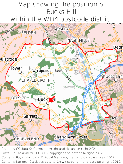 Map showing location of Bucks Hill within WD4