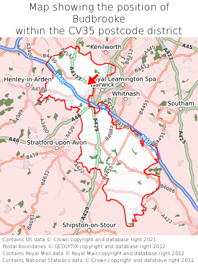 Map showing location of Budbrooke within CV35