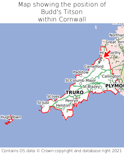Map showing location of Budd's Titson within Cornwall
