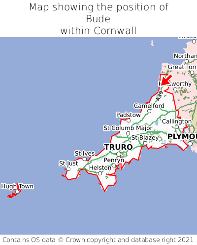 Map showing location of Bude within Cornwall