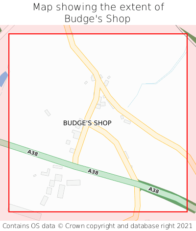 Map showing extent of Budge's Shop as bounding box