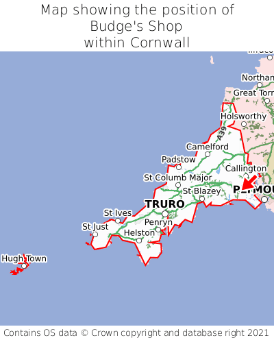 Map showing location of Budge's Shop within Cornwall