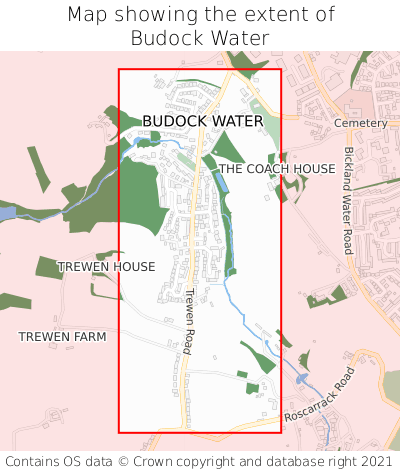 Map showing extent of Budock Water as bounding box