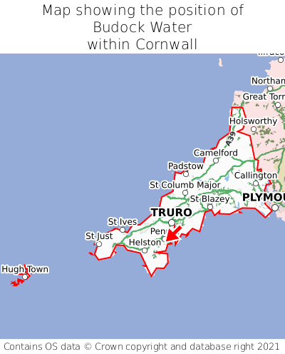 Map showing location of Budock Water within Cornwall