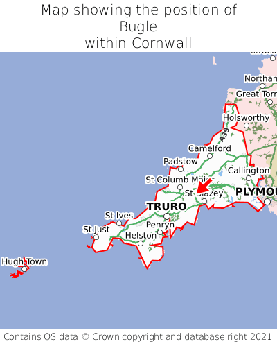 Map showing location of Bugle within Cornwall