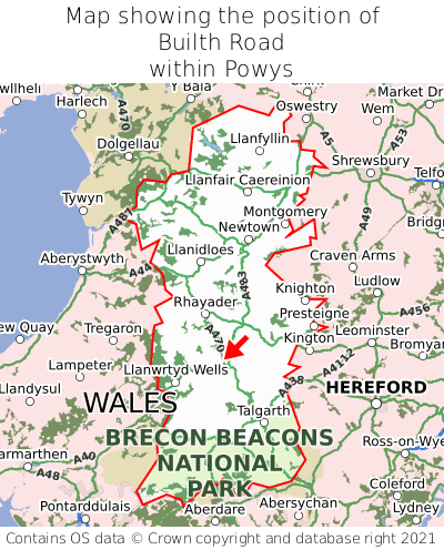 Map showing location of Builth Road within Powys