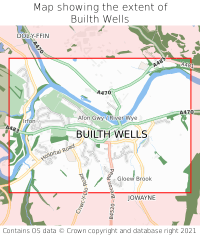 Map showing extent of Builth Wells as bounding box
