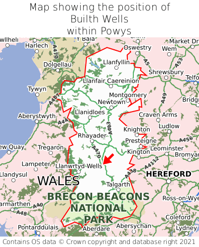 Map showing location of Builth Wells within Powys