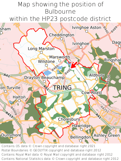 Map showing location of Bulbourne within HP23